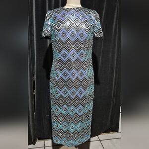 Elegant Diamond Pattern Midi Dress - Black and Blue